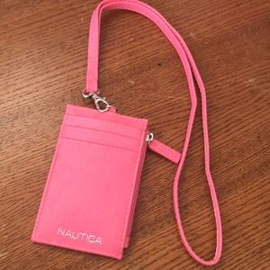Pink lanyard with a card holder